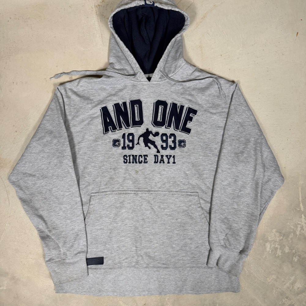 AND1 Mens Hoodie Gray Fleece Pullover Basketball Graphic Sweatshirt XL